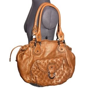 Vtg Y2K BEBE Boho Woven Leather‎ Slouchy Hobo Shoulder Bag Cognac Italy